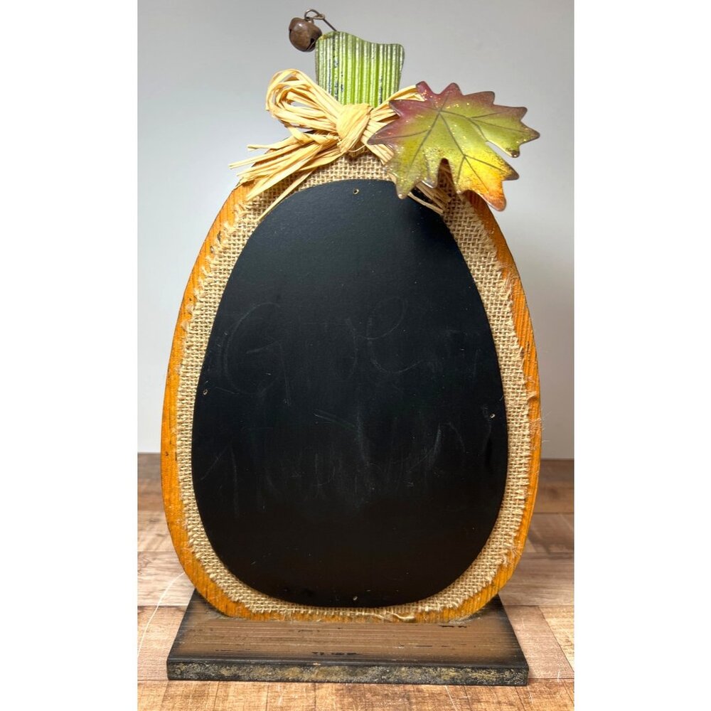 Wooden Pumpkin Shaped Chalkboard With Burlap Trim & Fall Leaf Accent